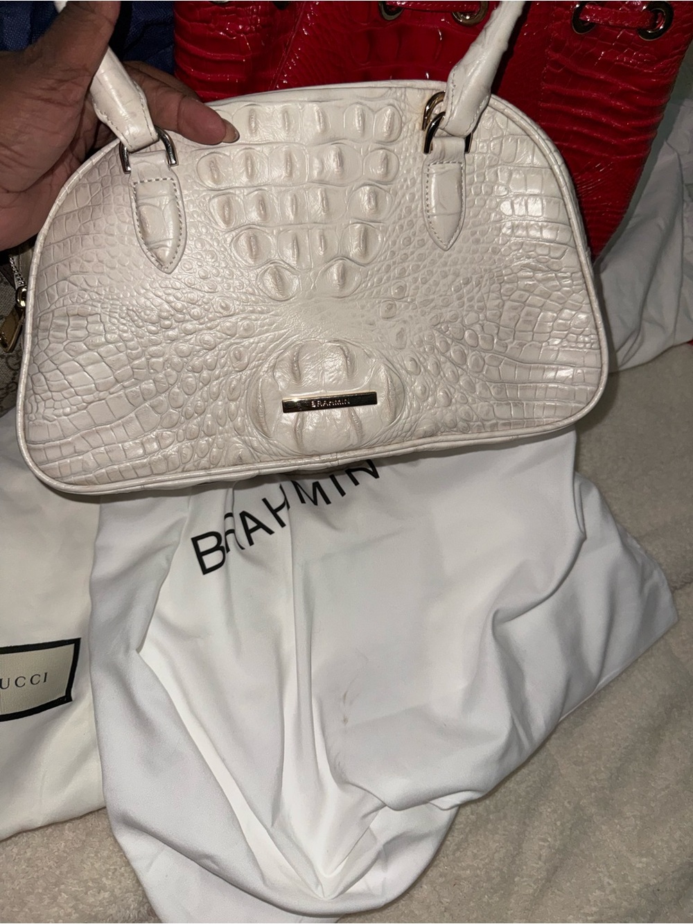 Brahmin Cream Croc-Embossed Leather Satchel